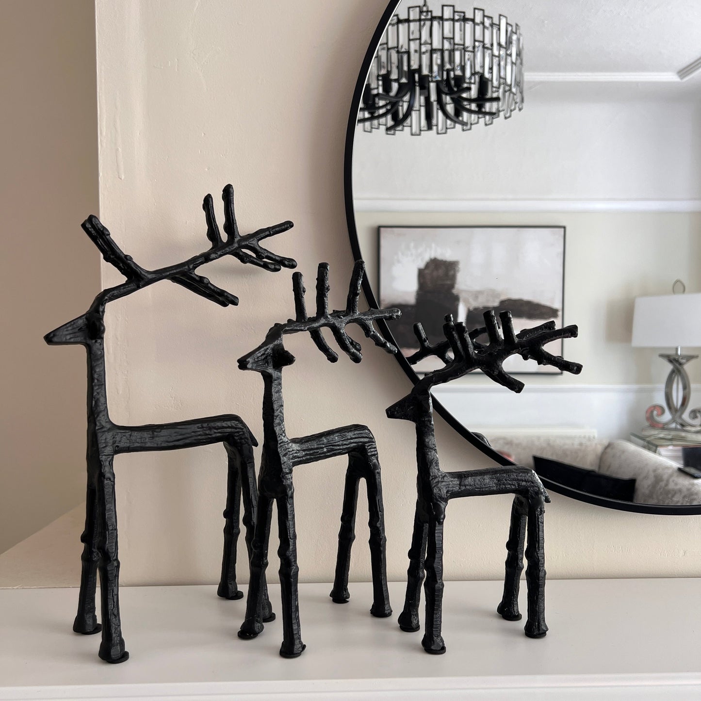 Sculptured Black Metal Reindeer Set Tall Legs